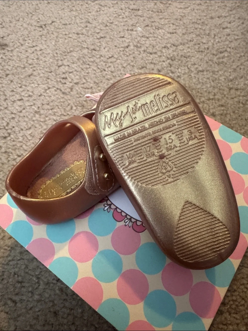 Mini Melissa Metallic Rose Gold Mary Janes with Pink Fabric Bows. Used w/box